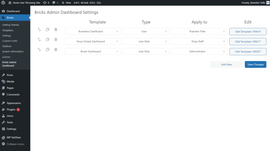 Bricks Admin Dashboard Conditional Application Screenshot